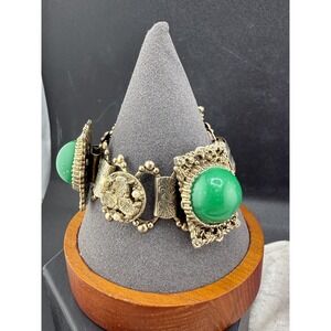 Vintage Victorian Revival Bracelet Green Stones Panel Gold Tone READ